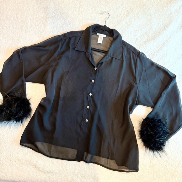 Black Sheer Blouse with Faux Fur Cuffs - Picture 3 of 8